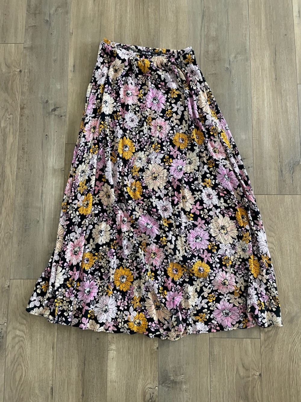 Steve Madden Black Floral Maxi Skirt with Pink & Mustard Blooms